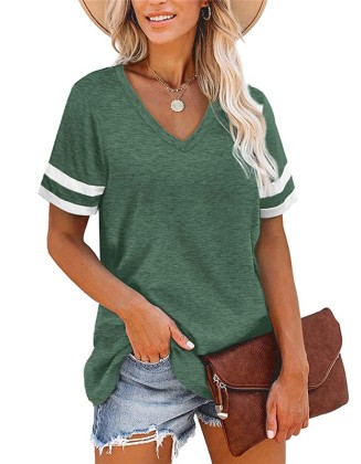 Contrast Color Striped Loose Short Sleeves V-Neck T-Shirts