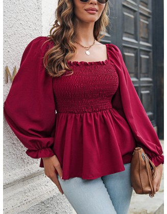 Elasticity Pleated Solid Color Long Sleeves Puff Sleeves Square-Neck T-Shirts