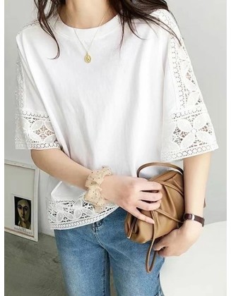 Hollow Solid Color Split-Joint Half Sleeves Loose Round-Neck T-Shirts