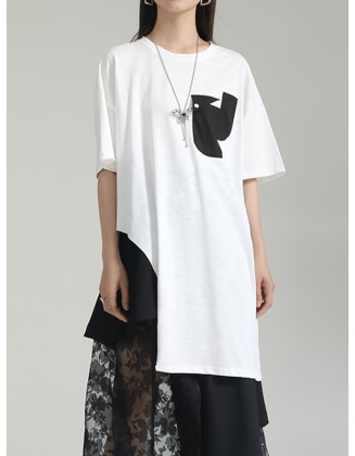 Asymmetric Contrast Color Split-Joint Loose Short Sleeves Round-neck T-shirts