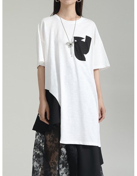 Asymmetric Contrast Color Split-Joint Loose Short Sleeves Round-neck T-shirts