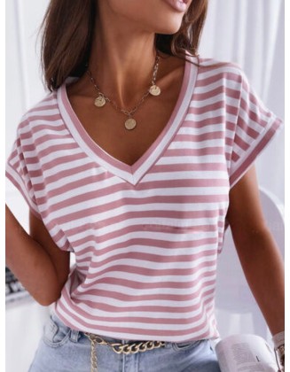 Casual Loose Striped V-Neck T-Shirts Tops