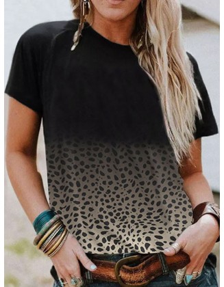 Gradient Leopard Printed Loose Short Sleeves Round-Neck T-Shirts