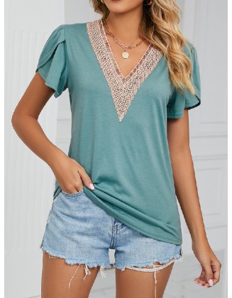 Applique Loose Short Sleeves V-Neck T-Shirts Tops