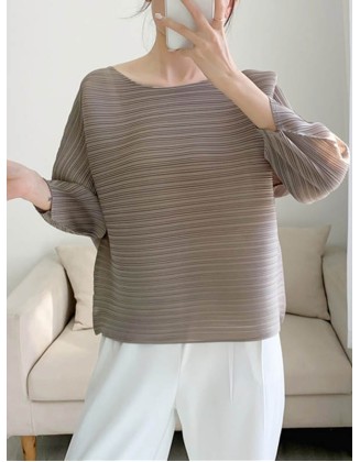 Casual Loose Three-Quarter Sleeves Pleated Solid Color Round-Neck T-Shirts Tops