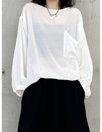 High-Low  Sleeves  See-Through Solid Color Round-Neck T-Shirts Tops