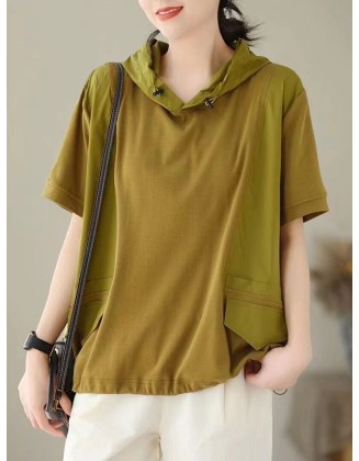 Drawstring Solid Color Split-Joint Hooded Loose Hooded T-Shirts Tops