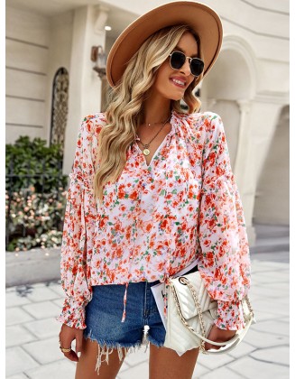 Casual Loose Floral Printed V-Neck T-Shirt