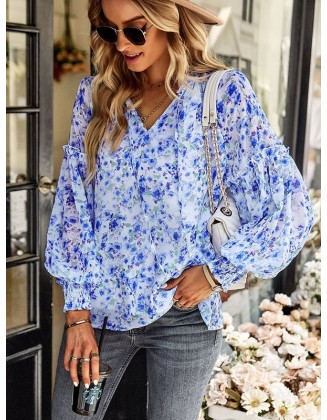 Casual Loose Floral Printed V-Neck T-Shirt