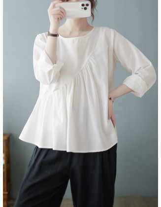 Casual Loose Long Sleeves Solid Color Round-Neck T-Shirts Tops