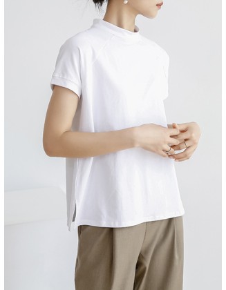 Casual Short Sleeves Loose Solid Color Stand Collar T-Shirts Tops