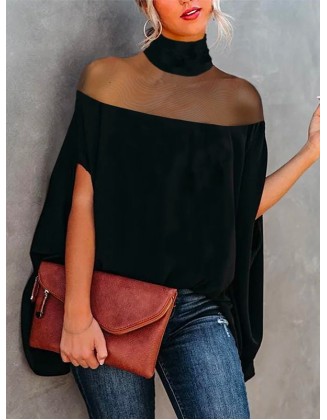 Batwing Sleeves See-Through High-Neck Blouses&Shirts Tops