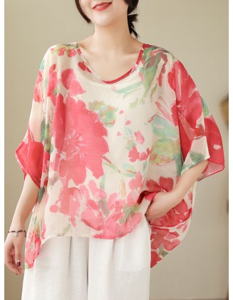 Floral Printed Loose Short Sleeves Round-neck T-shirts