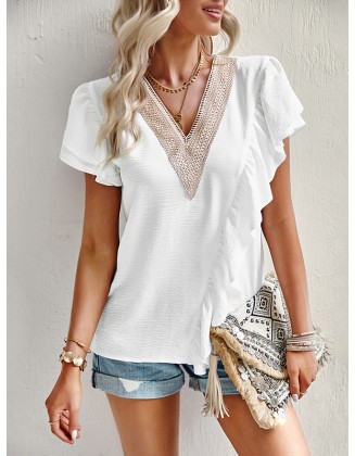 Applique Split-Joint Loose Short Sleeves V-Neck T-Shirts Tops