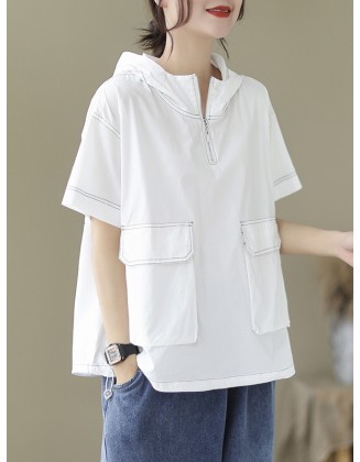 Zipper Loose Short Sleeves Hooded T-Shirts Tops