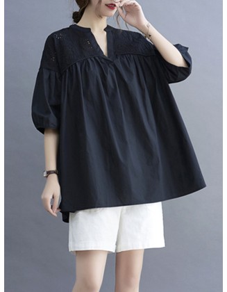 Hollow Pleated Solid Color Split-Joint Half Sleeves Loose V-Neck T-Shirts