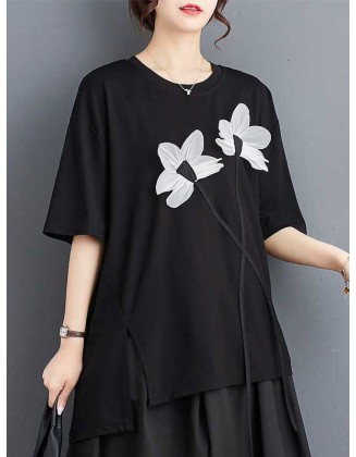 Contrast Color Half Sleeves Irregularity Round-Neck T-Shirts Tops