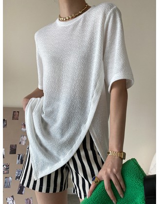 Asymmetric See-Through Solid Color Split-Front Half Sleeves Loose Round-Neck T-Shirts