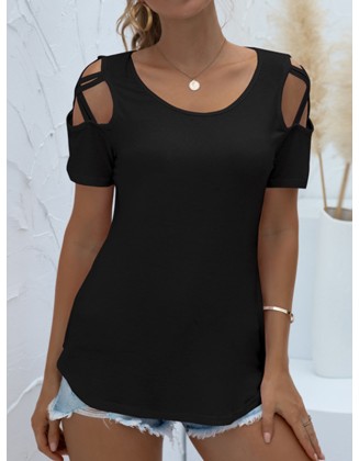 Hollow Solid Color Loose Short Sleeves Round-Neck T-Shirts Tops