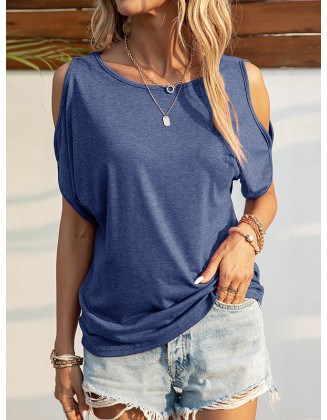 Hollow Solid Color Loose Short Sleeves Cold Shoulder T-Shirts Tops