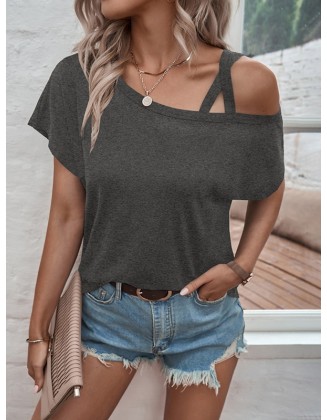 Asymmetric Solid Color Loose Short Sleeves Cold Shoulder T-Shirts