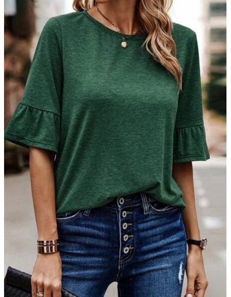 Asymmetric Buttoned Solid Color Split-Joint Ruffle Sleeves Round-Neck T-Shirts Tops