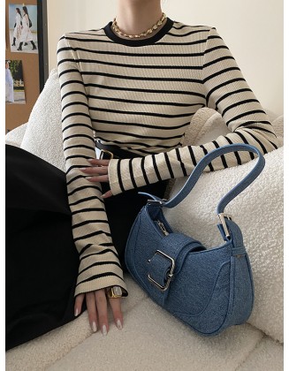 Contrast Color Striped Long Sleeves Skinny Round-Neck T-Shirts Tops