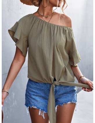 Elasticity Falbala Pleated Solid Color Tied Loose Short Sleeves Round-Neck T-Shirts Tops