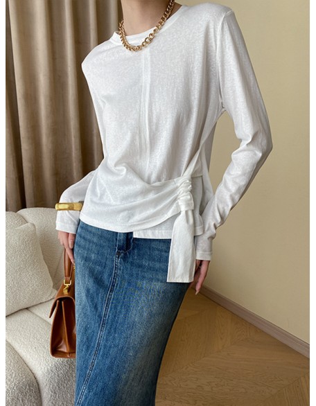 Asymmetric Bowknot Solid Color Long Sleeves Round-Neck T-Shirts Tops