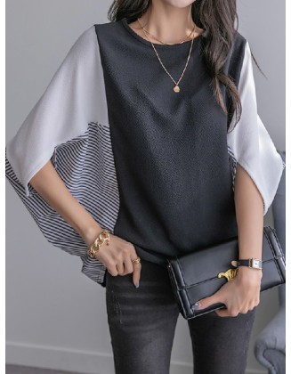 Contrast Color Split-Joint Batwing Sleeves Loose Round-Neck T-Shirts Tops