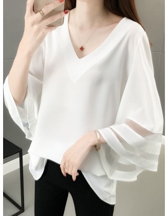 Gauze See-Through Solid Color Split-Joint Long Sleeves Loose V-Neck T-Shirts Tops