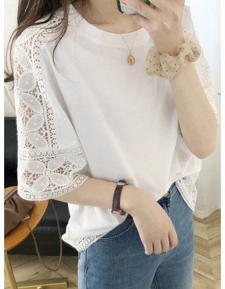 Hollow Solid Color Split-Joint Half Sleeves Loose Round-Neck T-Shirts Tops