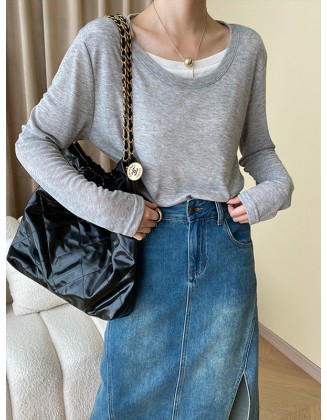 Asymmetric Split-Joint False Two Long Sleeves Round-Neck T-Shirts Tops