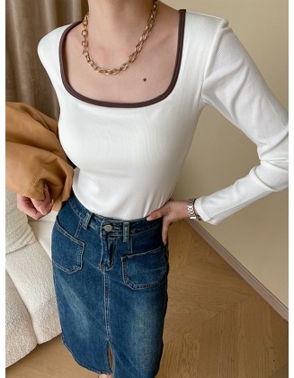 Contrast Color Long Sleeves Skinny Square-Neck T-Shirts Tops