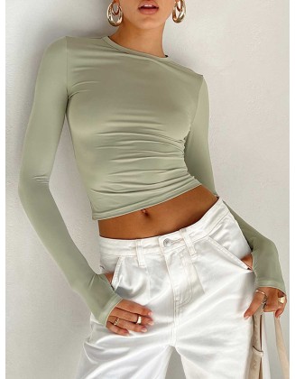 Hollow Solid Color Long Sleeves Skinny Round-Neck T-Shirts Tops