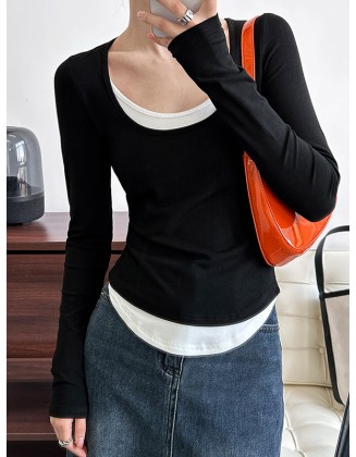 Contrast Color False Two Long Sleeves Round-Neck T-Shirts Tops