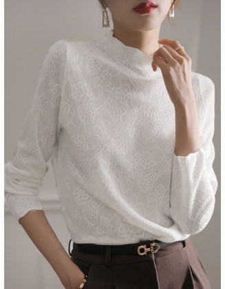 Hollow Jacquard Solid Color Long Sleeves T-Shirts Tops Knitwear