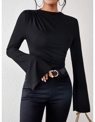 Flared Sleeves Long Sleeves Pleated Solid Color Boat Neck Skinny T-Shirts