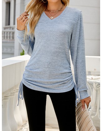 Drawstring Solid Color Tied Long Sleeves Loose V-Neck T-Shirts Tops