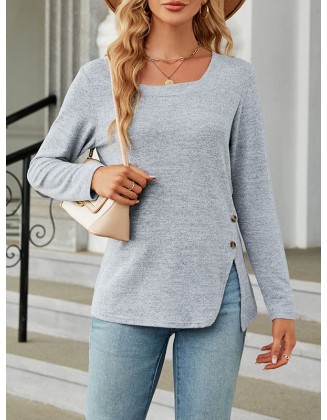 Asymmetric Buttoned Solid Color Split-side Long Sleeves Loose Square-neck T-Shirts Tops