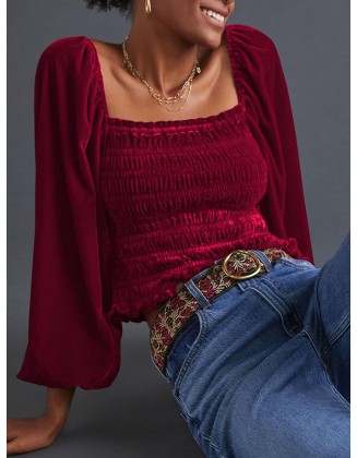 Elasticity Solid Color Velvet Long Sleeves Loose Square-Neck T-Shirts Tops