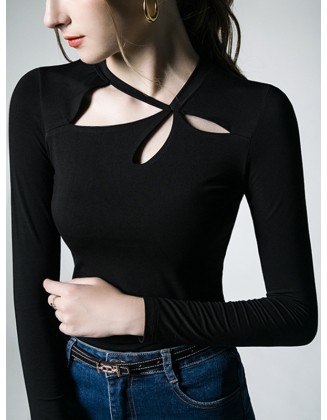 Hollow Solid Color Long Sleeves Skinny Asymmetric Collar T-Shirts Tops