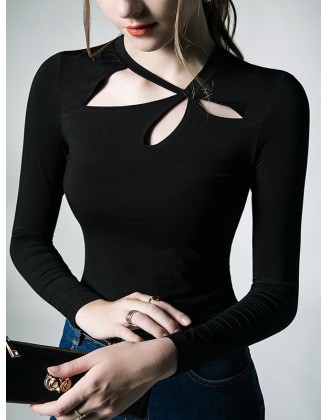 Hollow Solid Color Long Sleeves Skinny Asymmetric Collar T-Shirts Tops