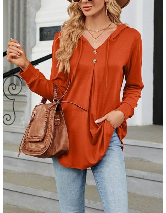 Buttoned Drawstring Hooded Solid Color Long Sleeves Loose V-Neck T-Shirts Tops