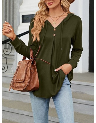 Buttoned Drawstring Hooded Solid Color Long Sleeves Loose V-Neck T-Shirts Tops