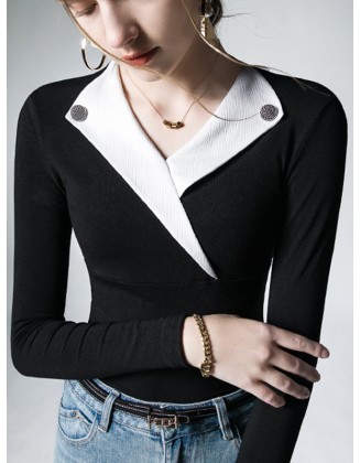 Asymmetric Buttoned Long Sleeves Skinny V-Neck T-Shirts Tops