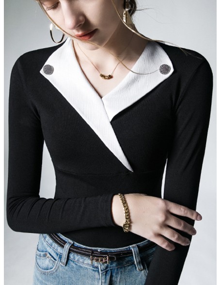 Asymmetric Buttoned Long Sleeves Skinny V-Neck T-Shirts Tops