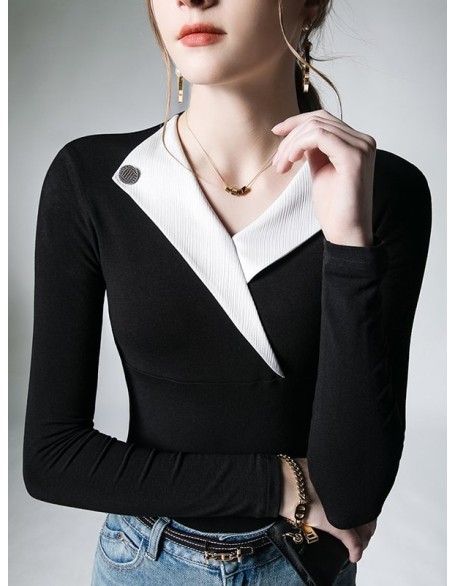 Asymmetric Buttoned Long Sleeves Skinny V-Neck T-Shirts Tops