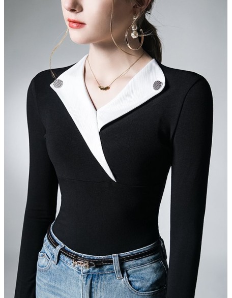 Asymmetric Buttoned Long Sleeves Skinny V-Neck T-Shirts Tops