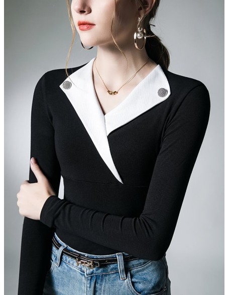 Asymmetric Buttoned Long Sleeves Skinny V-Neck T-Shirts Tops